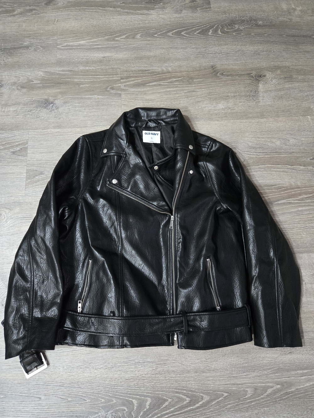 Old Navy Black Motorcycle Jacket Faux Leather Belted Zip Women's Size XL Biker
